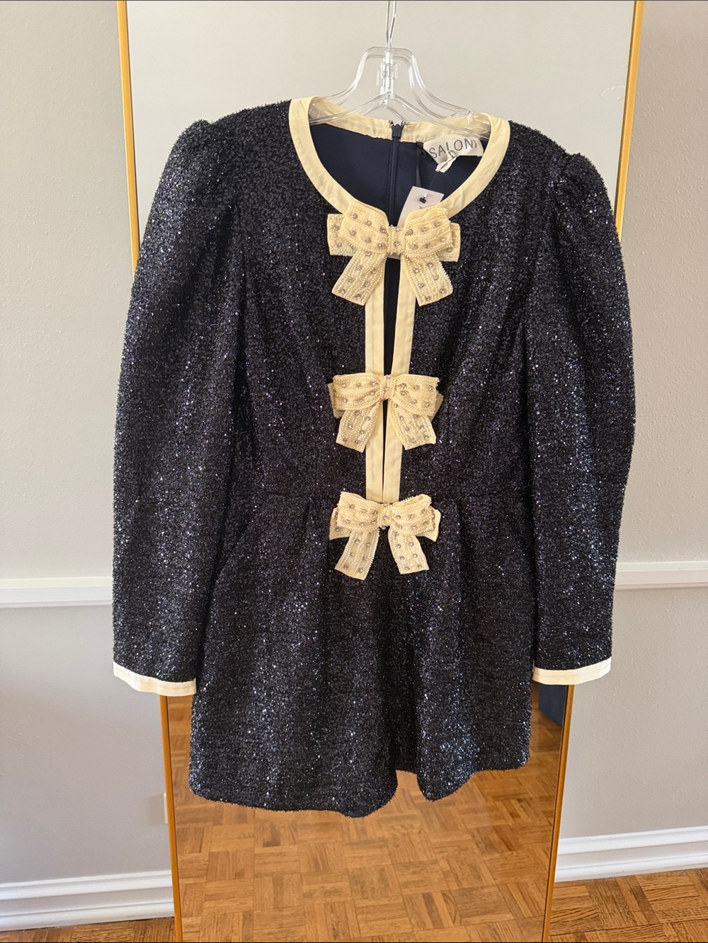 SALONI Black Sparkle Romper with Cream Trim & Bows